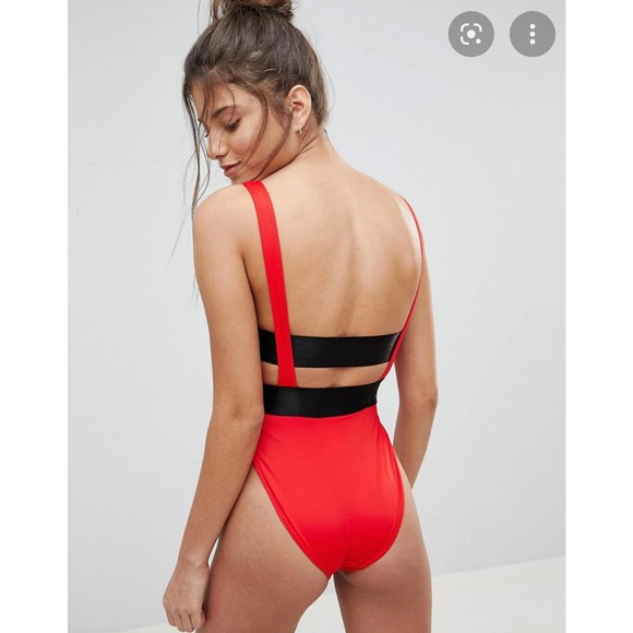 ASOS Fuller Figure High Leg Elastic Waist Red One Piece Swimsuit Size 34G - Picture 2 of 5